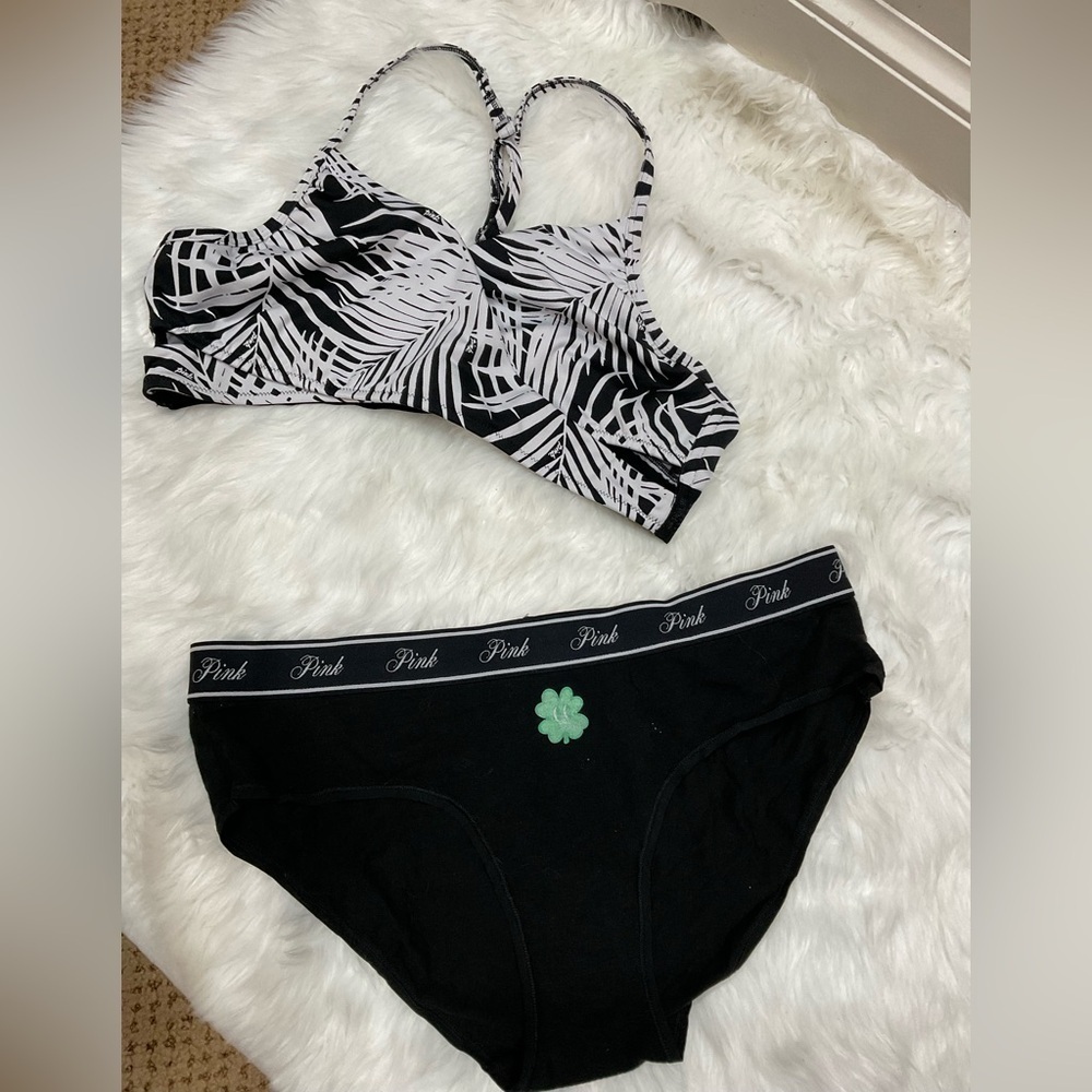 PINK Victoria's Secret Black and White Leaf Bra with Black Panty